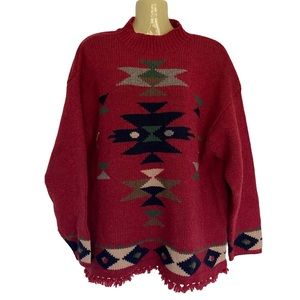 Vintage Fringe Southwestern Aztec Lambs Wool Oversized Sweater